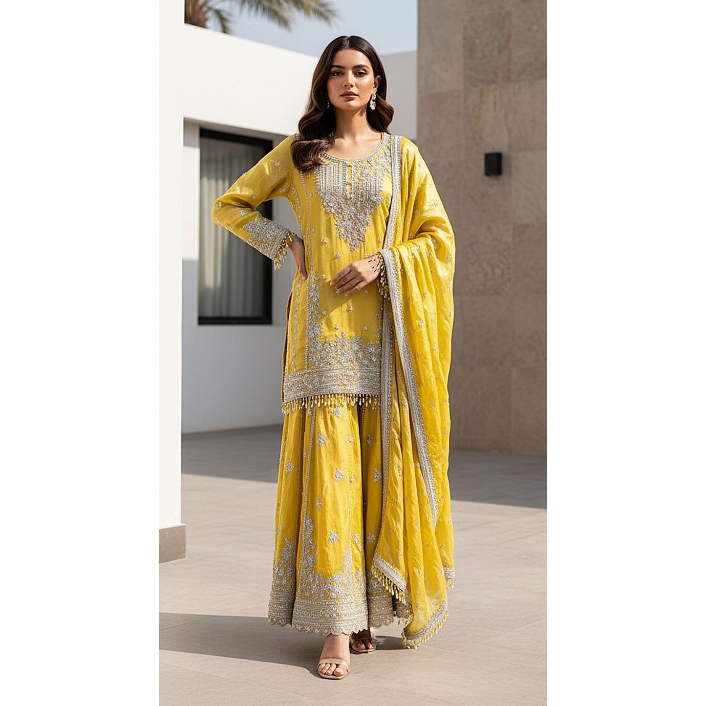 YELLOW TISSUE EMBROIDERED SHARARA SET
