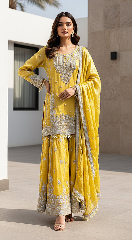 YELLOW TISSUE EMBROIDERED SHARARA SET