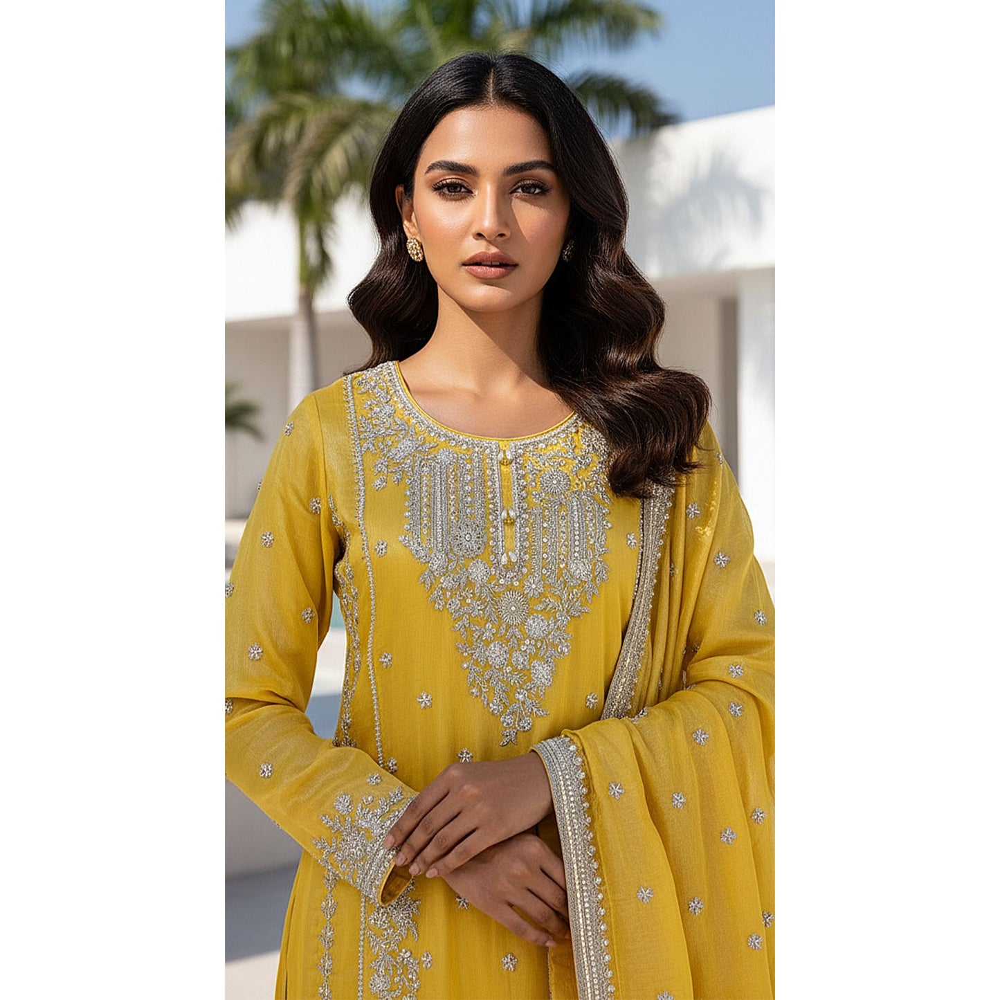 YELLOW TISSUE EMBROIDERED SHARARA SET